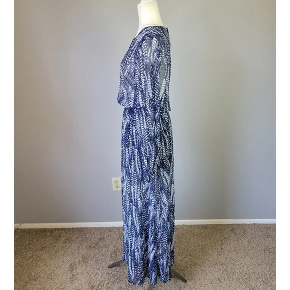 H&M // ultra-glam blue & white feathered print semi-sheer long maxi dress - Picture 6 of 15